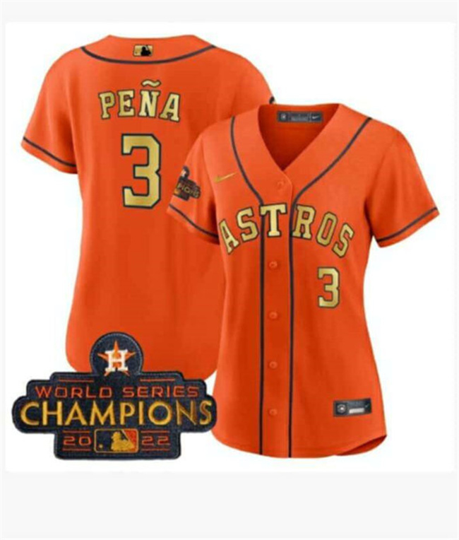 Women's Houston Astros #3 Jeremy Peña Orange/Gold 2022 World Series Champions Stitched Baseball Jersey(Run Small)